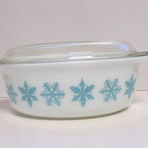 Pyrex White Dish with Blue Snowflake Design